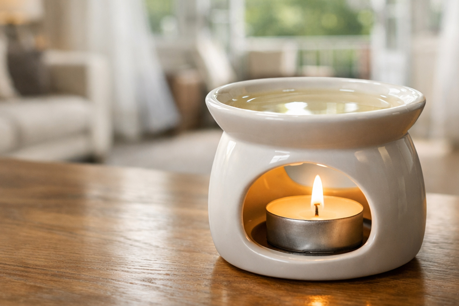 wax melt burner with melted wax on wooden table in large living room with open bay window and natural light