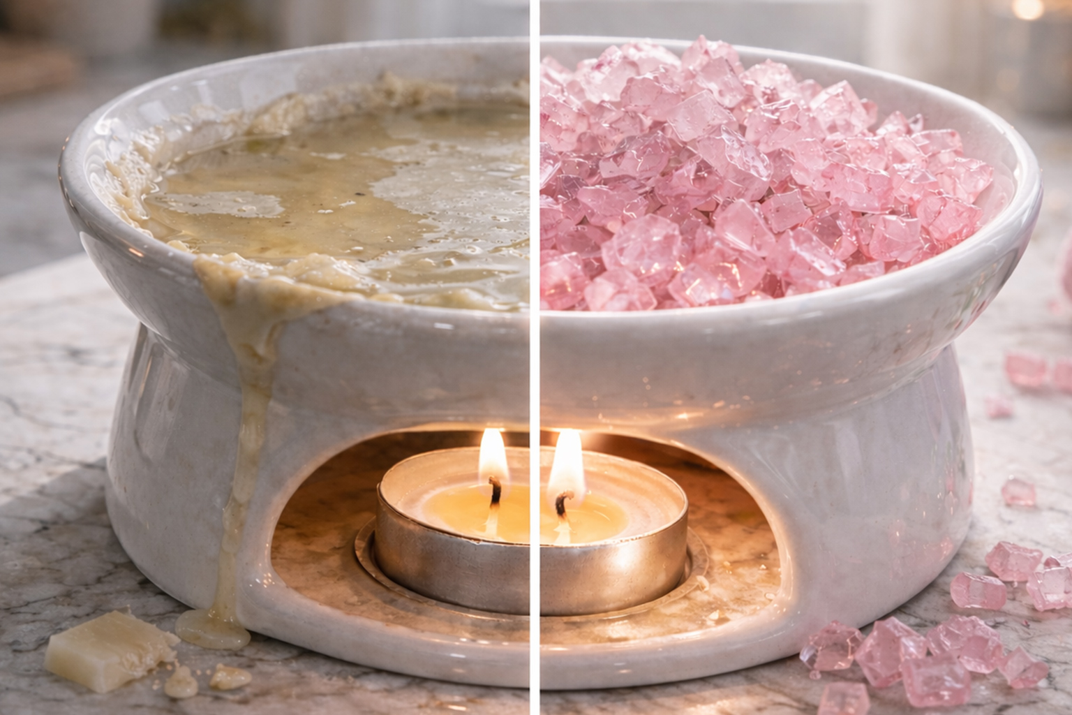 Close-up comparison of wax melts and pink scented sizzlers showing a cleaner, stronger wax melt alternative