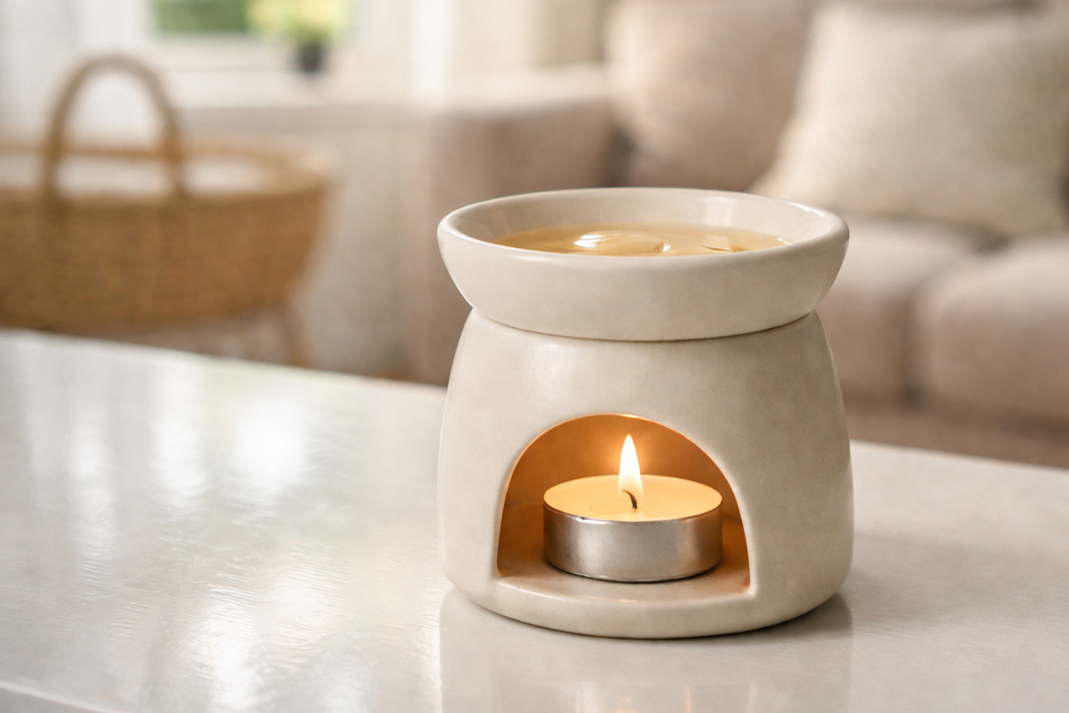 ceramic wax melt burner on white table in a clean well ventilated home with soft natural light and blurred living room background