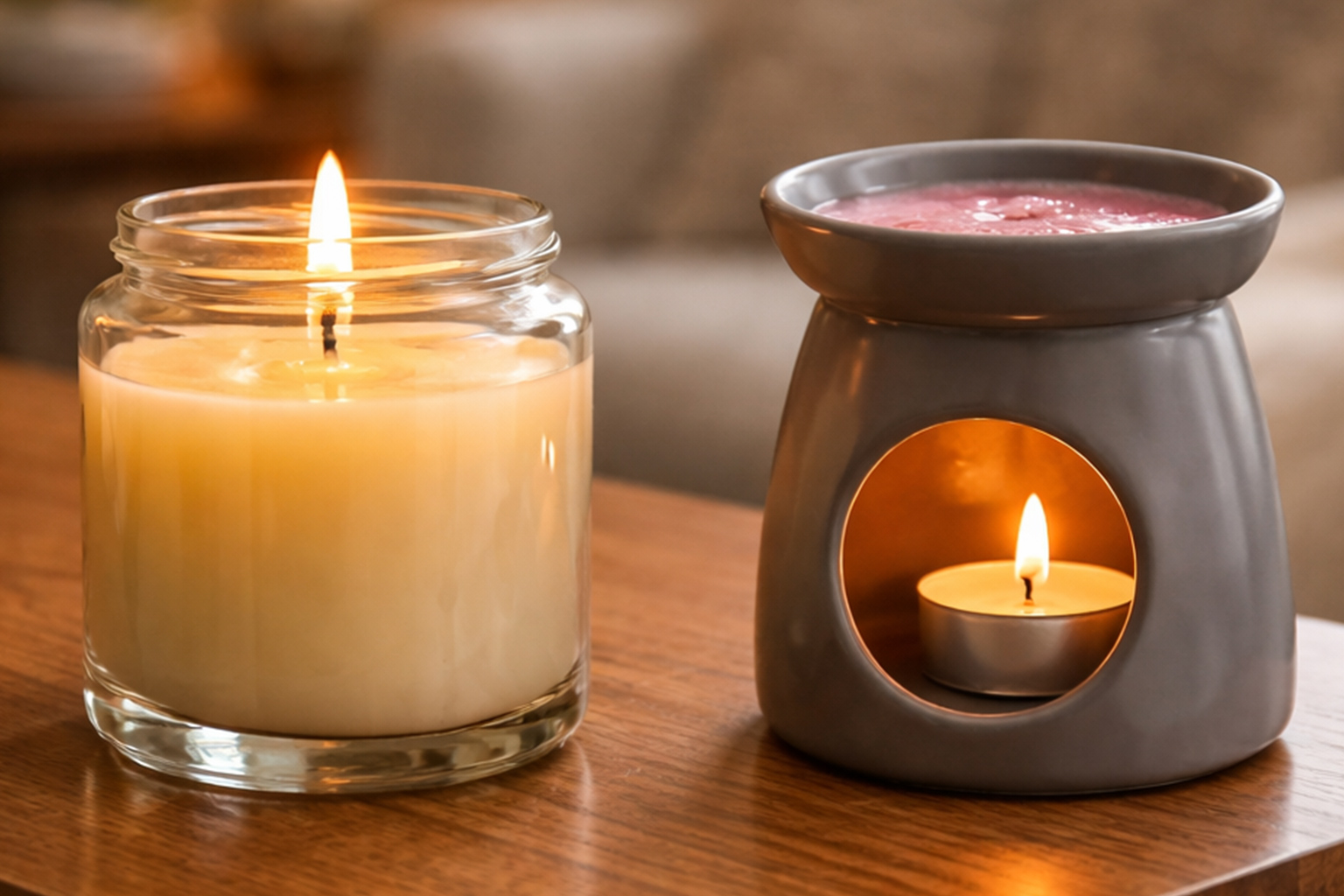 scented candle and wax melt pool in a burner on a clean modern table in a cosy home setting