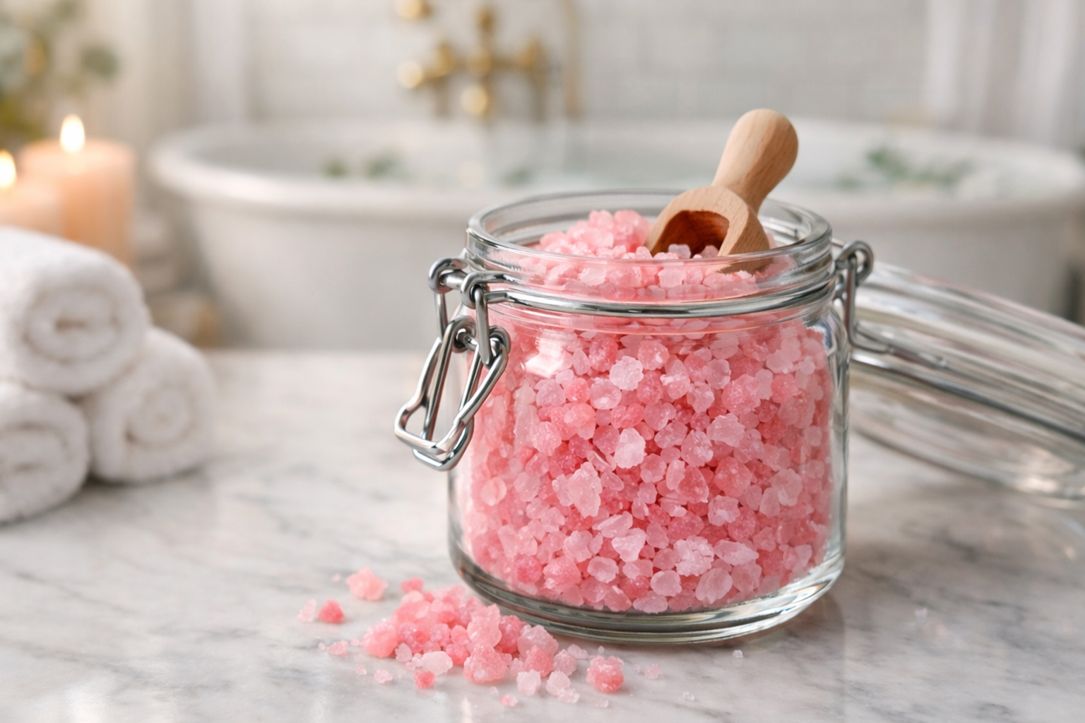 bath salts beside a bathtub in a calm home and bath setting
