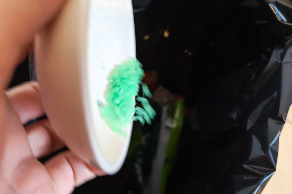 pouring scented sizzlers into the bin to change scents